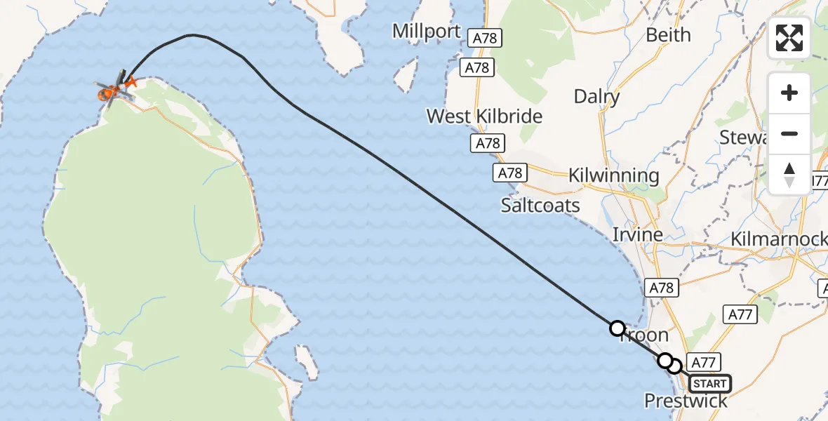 Flight route Coastguard Helicopter Glasgow Prestwick Airport - Inner Seas, 18 September 2026, 14:23
