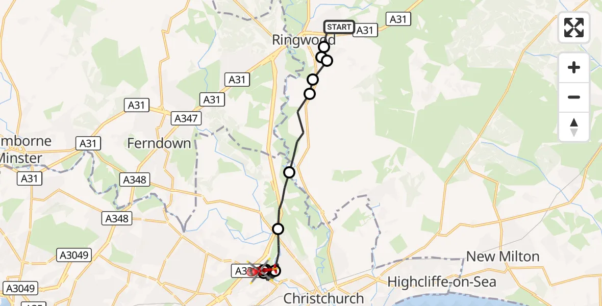 Flight route Air Ambulance Helicopter Poulner - Royal Bournemouth Hospital, 18 September 2026, 14:25