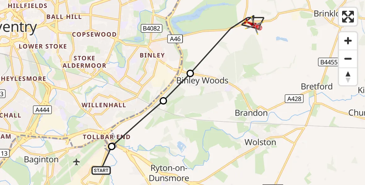 Flight route Air Ambulance Helicopter Warwick - Rugby, 18 September 2026, 14:47