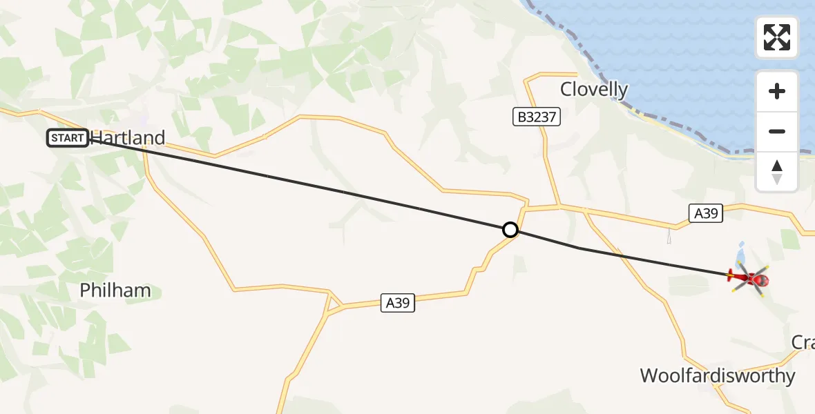 Flight route Air Ambulance Helicopter Hartland - Bucks Mills, 18 September 2026, 14:49