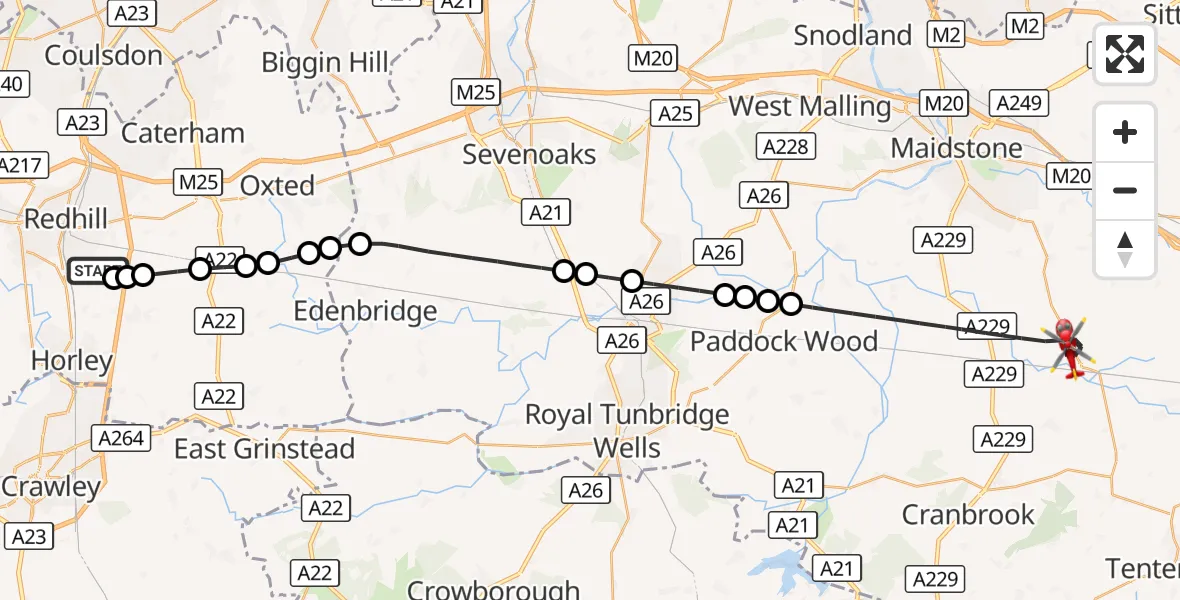 Flight route Air Ambulance Helicopter Redhill Aerodrome - Maidstone, 18 September 2026, 14:49