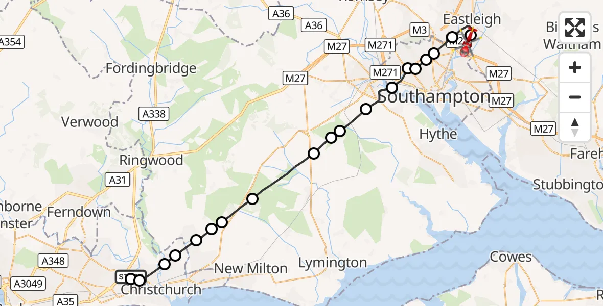Flight route Air Ambulance Helicopter Royal Bournemouth Hospital - Southampton Airport, 18 September 2026, 15:01