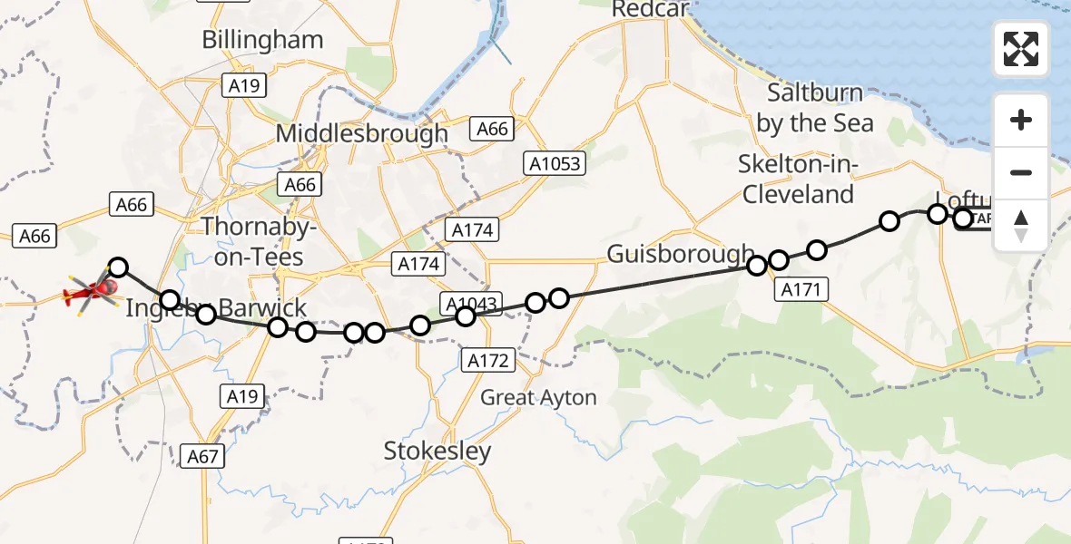Flight route Air Ambulance Helicopter Loftus - Egglescliffe, 18 September 2026, 15:04