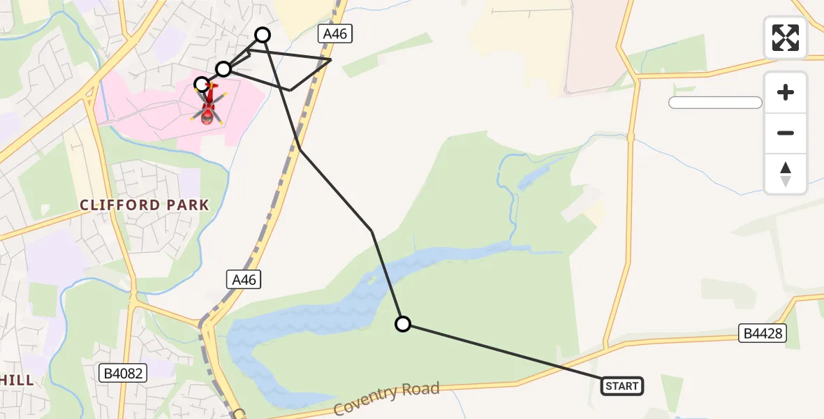 Flight route Air Ambulance Helicopter Rugby - University Hospital Coventry, 18 September 2026, 15:26