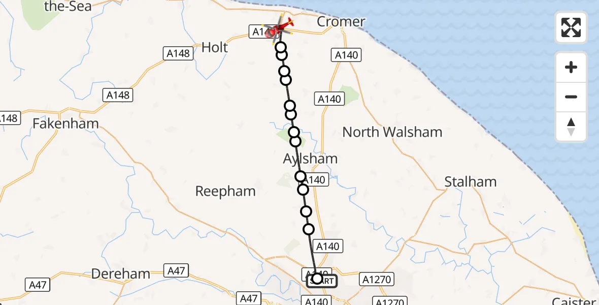 Flight route Air Ambulance Helicopter Norwich Airport - East Beckham, 18 September 2026, 15:30