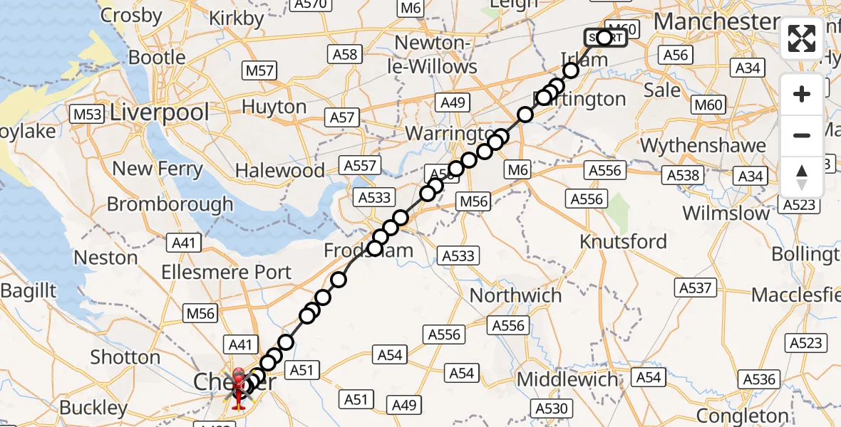 Flight route Air Ambulance Helicopter Manchester Barton Aerodrome - Chester, 18 September 2026, 15:40