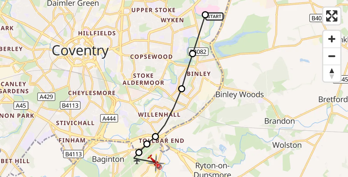 Flight route Air Ambulance Helicopter University Hospital Coventry - Warwick, 18 September 2026, 15:52