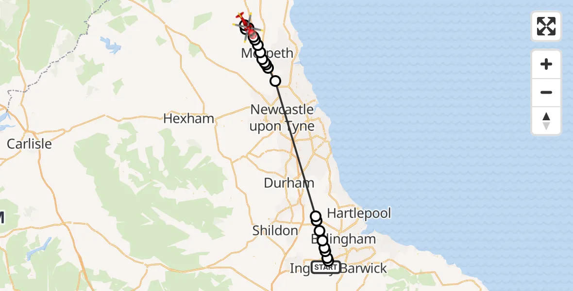 Flight route Air Ambulance Helicopter Egglescliffe - Longhorsley, 18 September 2026, 16:12