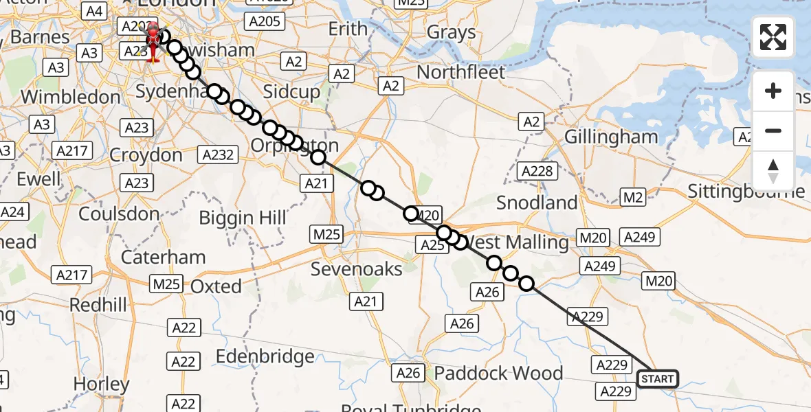 Flight route Air Ambulance Helicopter Maidstone - Kings College London Hospital, 18 September 2026, 16:14