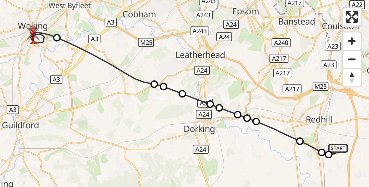Flight route Air Ambulance Helicopter Redhill Aerodrome - Woking, 18 September 2026, 16:32