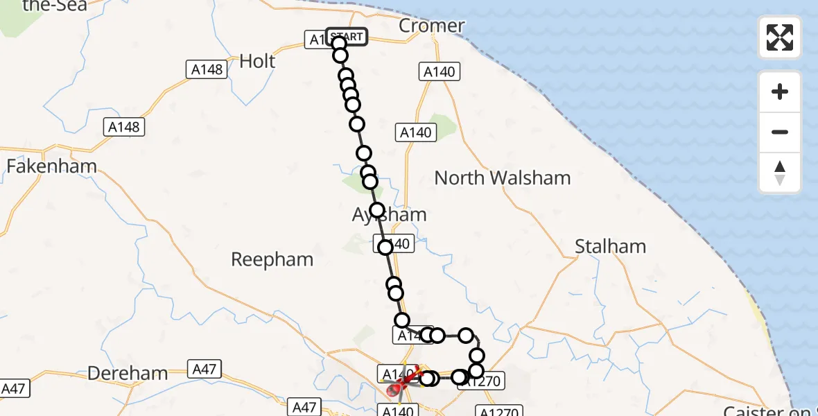 Flight route Air Ambulance Helicopter East Beckham - Norwich Airport, 18 September 2026, 16:48
