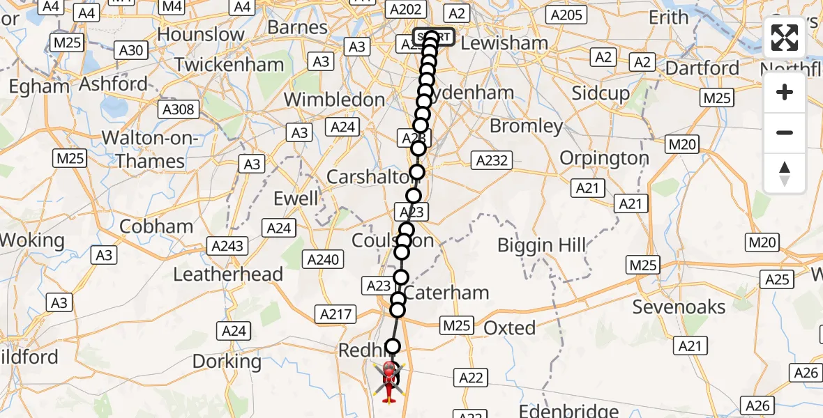 Flight route Air Ambulance Helicopter Kings College London Hospital - Redhill Aerodrome, 18 September 2026, 17:25