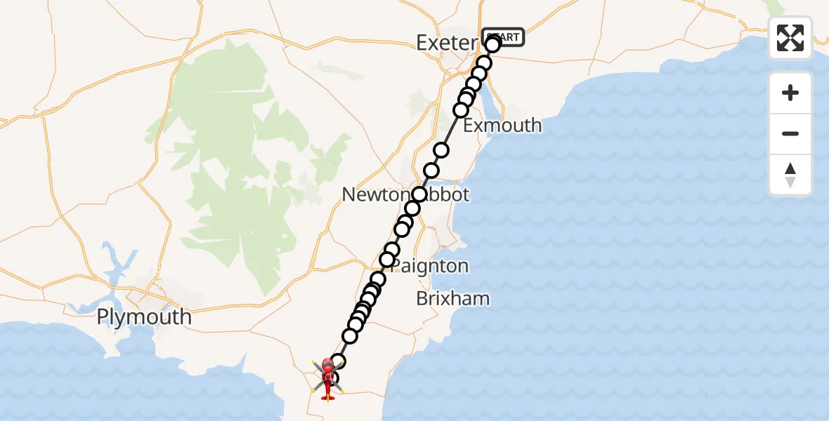 Flight route Air Ambulance Helicopter Exeter International Airport - Kingsbridge, 18 September 2026, 17:35