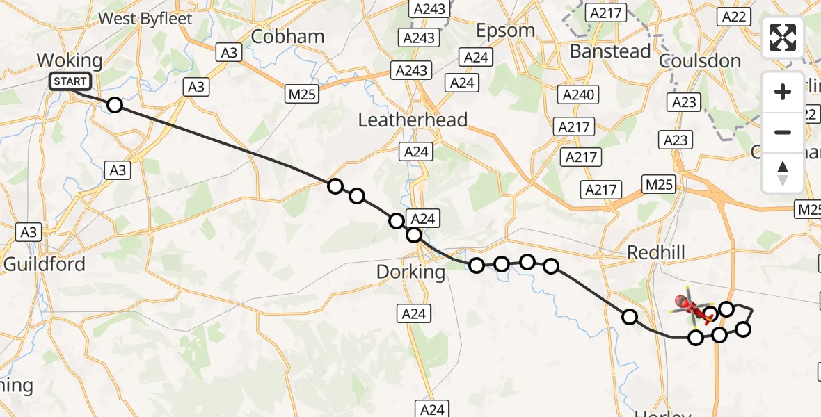 Flight route Air Ambulance Helicopter Woking - Redhill Aerodrome, 18 September 2026, 17:55