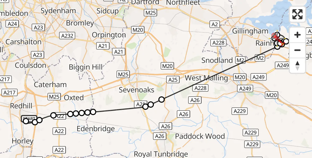 Flight route Air Ambulance Helicopter Redhill Aerodrome - Swale, 18 September 2026, 18:38