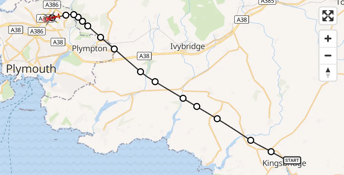 Flight route Air Ambulance Helicopter Kingsbridge - Derriford Hospital, 18 September 2026, 18:41