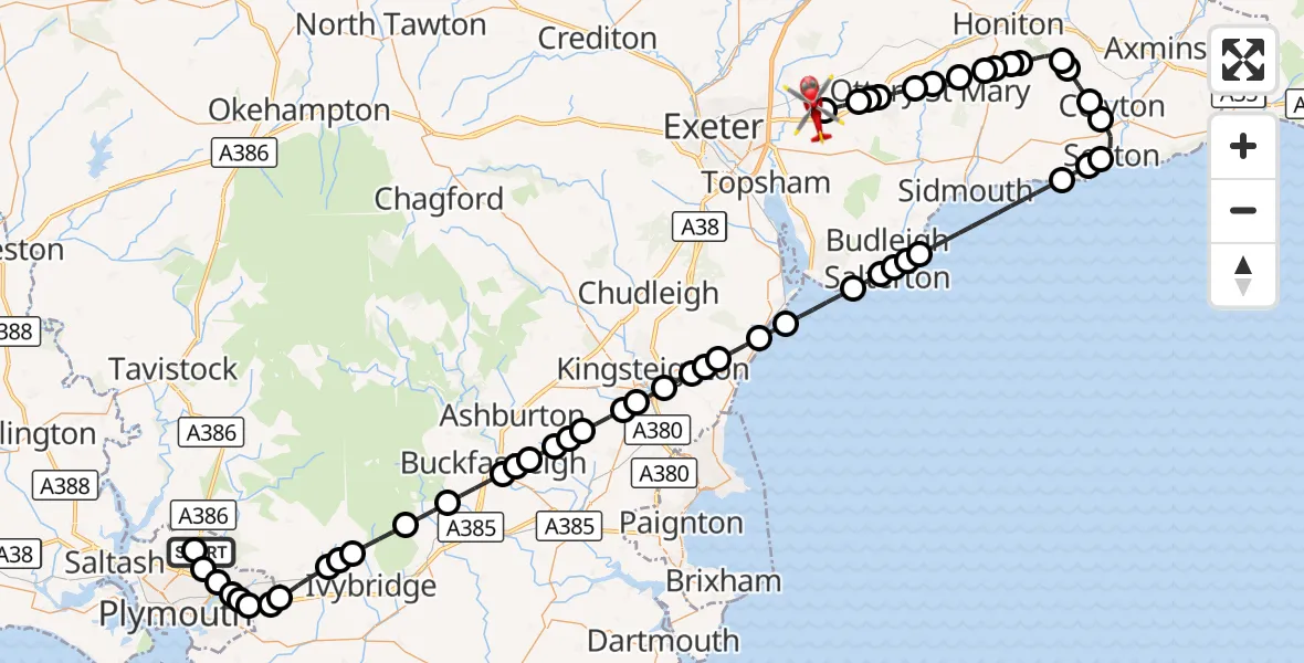 Flight route Air Ambulance Helicopter Derriford Hospital - Exeter International Airport, 18 September 2026, 20:00