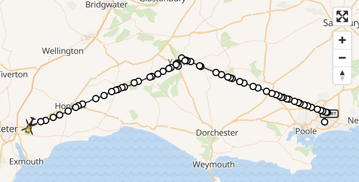 Flight route Police Helicopter Parley Cross - Clyst Honiton, 18 September 2026, 20:23