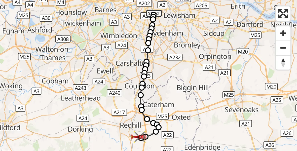 Flight route Air Ambulance Helicopter Kings College London Hospital - Redhill Aerodrome, 18 September 2026, 20:38