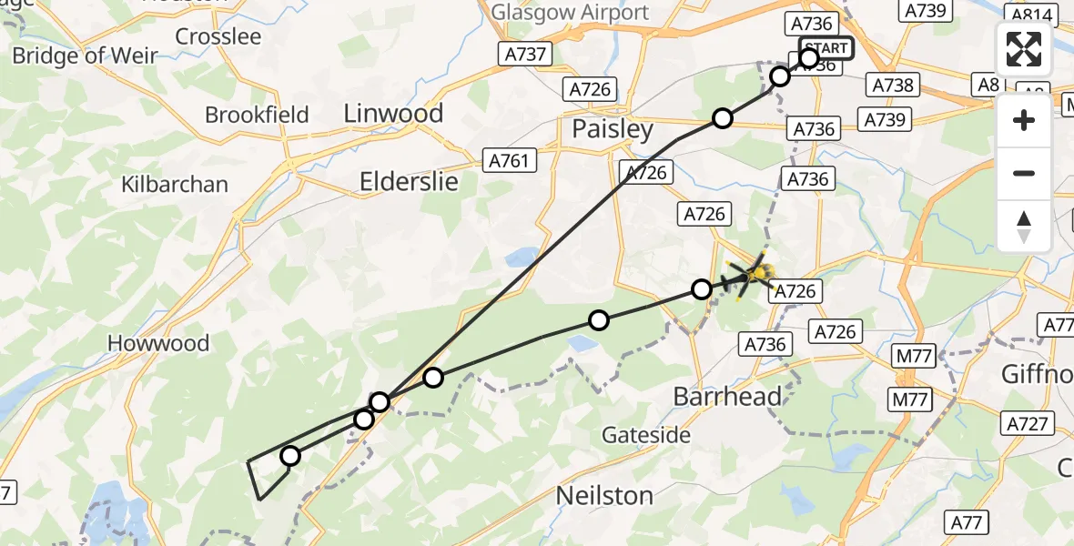 Flight route Police Helicopter Glasgow - Paisley, 18 September 2026, 22:12