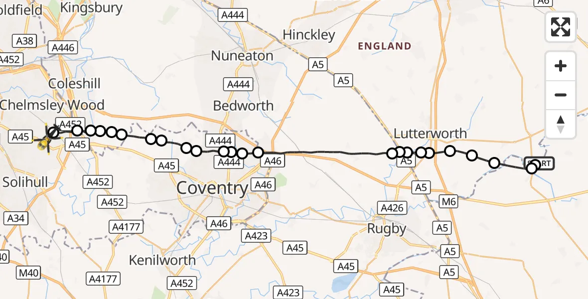 Flight route Police Helicopter Sulby Airstrip - Birmingham Airport, 18 September 2026, 23:35