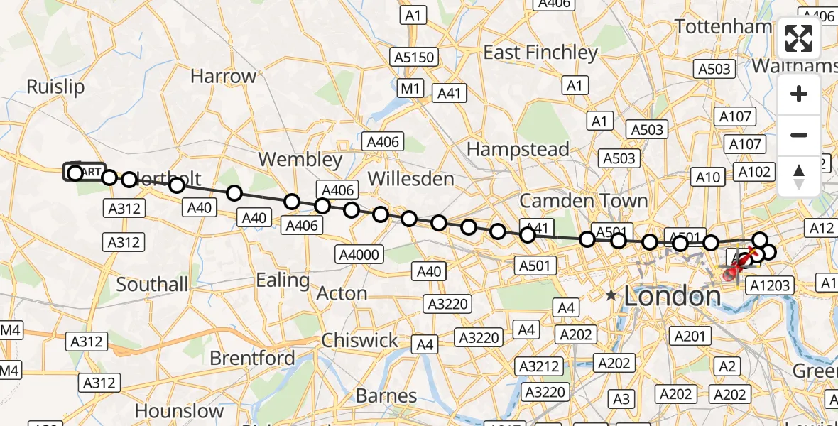Flight route Air Ambulance Helicopter RAF Northolt - Royal London Hospital, 19 September 2026, 07:01