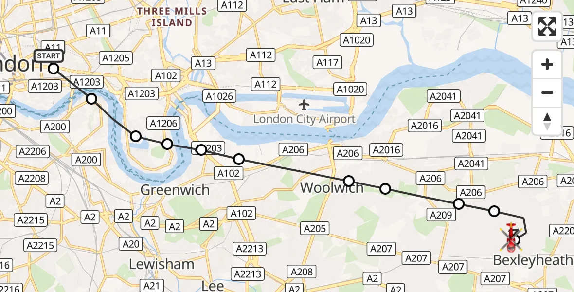 Flight route Air Ambulance Helicopter Royal London Hospital - Bexleyheath, 19 September 2026, 07:35