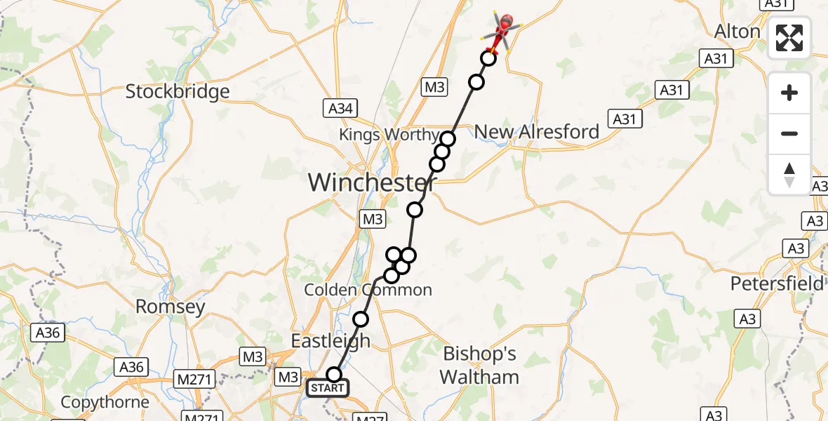 Flight route Air Ambulance Helicopter Southampton Airport - Brown Candover, 19 September 2026, 07:58