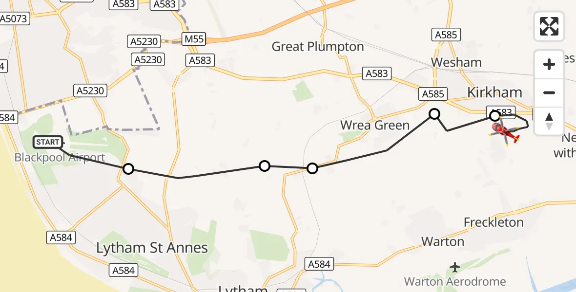 Flight route Air Ambulance Helicopter Blackpool Airport - Fylde, 19 September 2026, 08:23