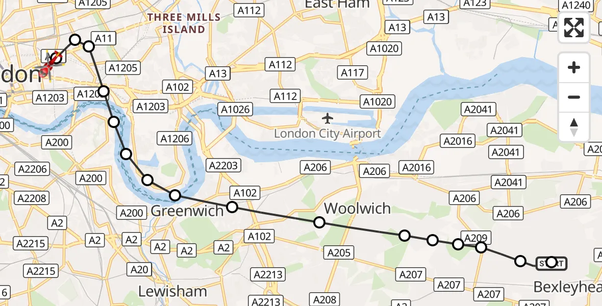 Flight route Air Ambulance Helicopter Upper Belvedere - Royal London Hospital, 19 September 2026, 08:26