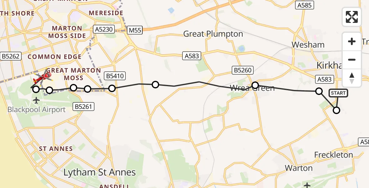 Flight route Air Ambulance Helicopter Kirkham - Common Edge, 19 September 2026, 08:34