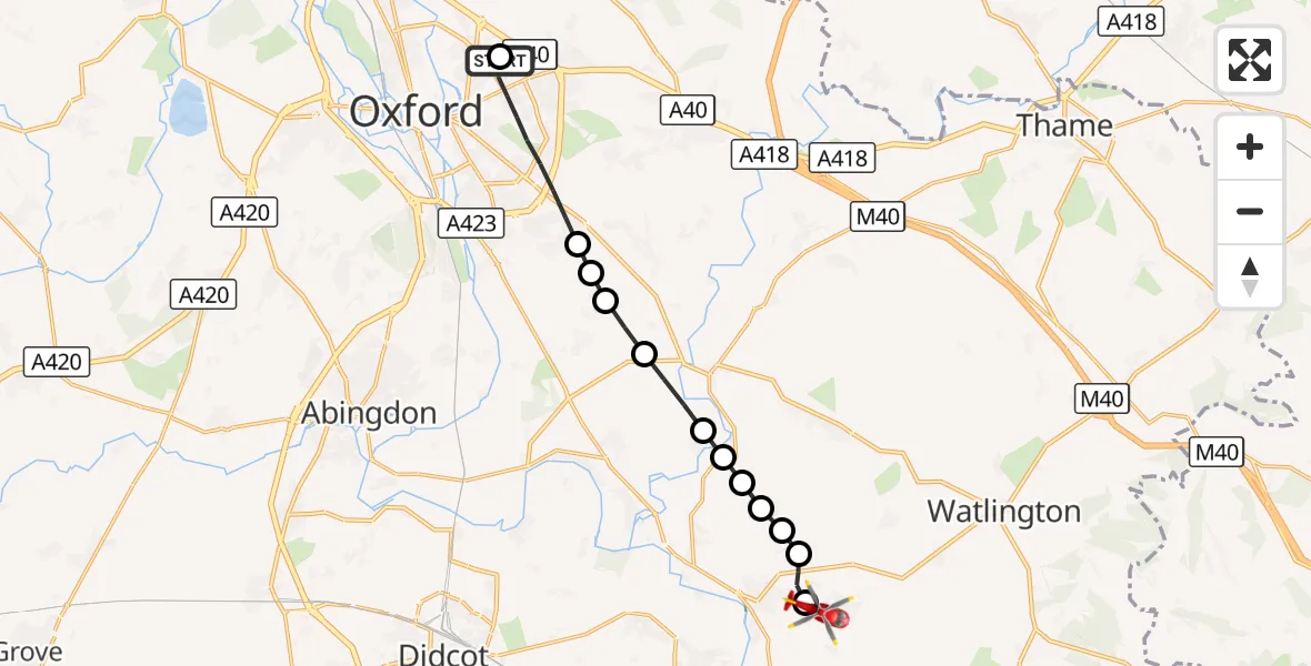 Flight route Air Ambulance Helicopter John Radcliffe Hospital - RAF Benson, 19 September 2026, 08:51