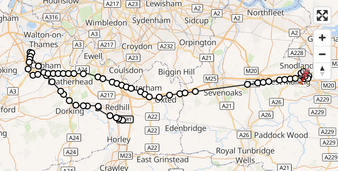 Flight route Air Ambulance Helicopter Redhill Aerodrome - Eccles, 19 September 2026, 08:58