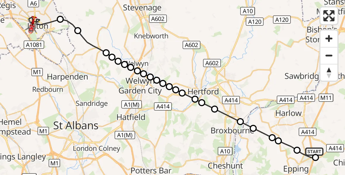 Flight route Air Ambulance Helicopter North Weald Airfield - Luton, 19 September 2026, 09:07
