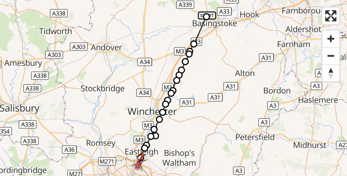 Flight route Air Ambulance Helicopter North Hampshire Hospital - Southampton Airport, 19 September 2026, 09:22