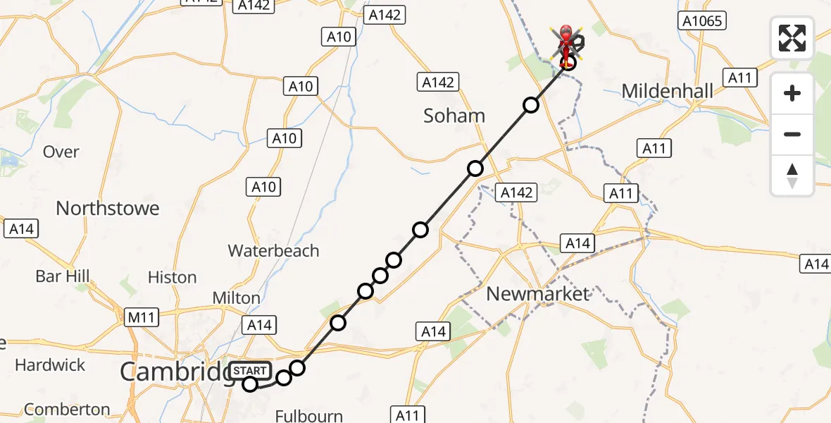 Flight route Air Ambulance Helicopter Cambridge City Airport - West Row, 19 September 2026, 09:36