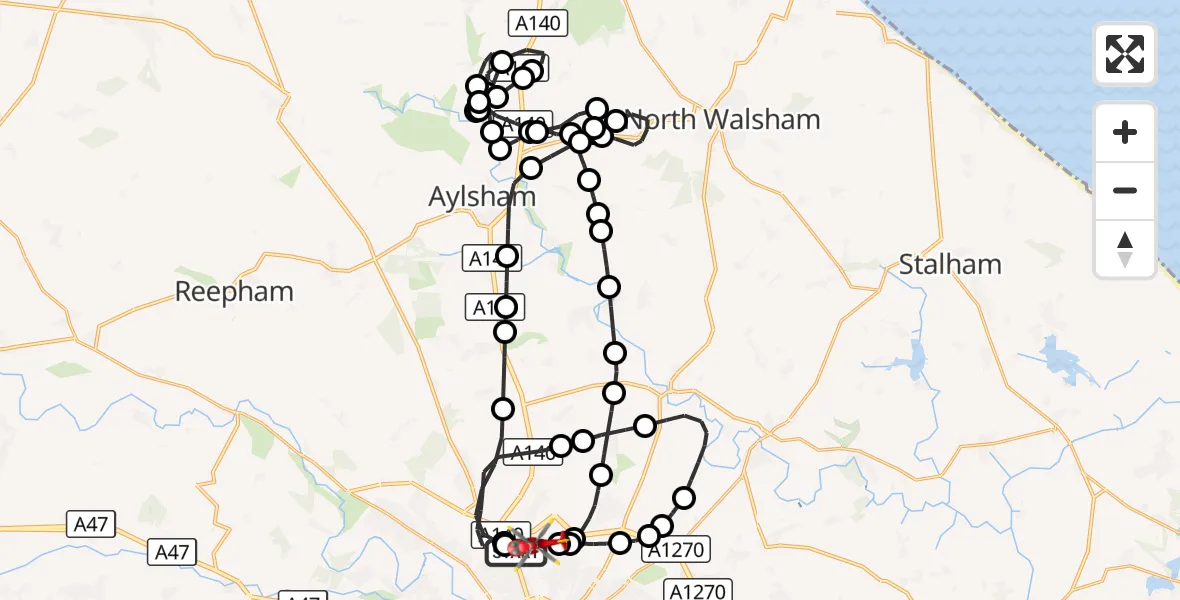 Flight route Air Ambulance Helicopter Norwich Airport - Norwich Airport, 19 September 2026, 09:45