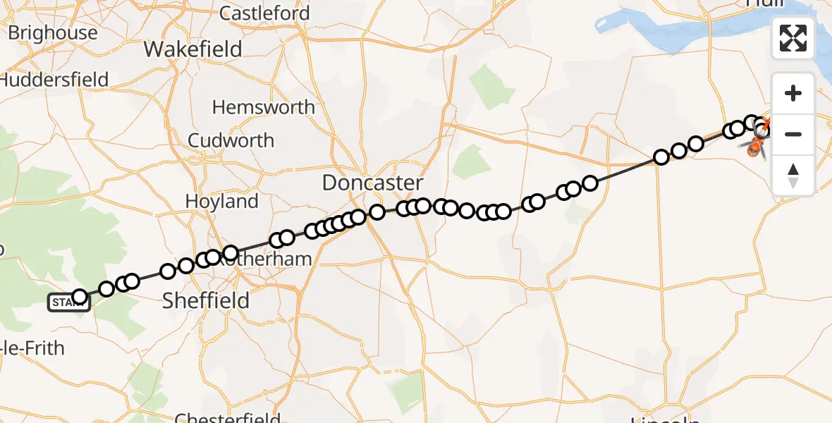 Flight route Coastguard Helicopter Ladybower Reservoir - Humberside Airport, 19 September 2026, 09:46