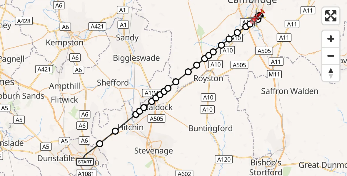 Flight route Air Ambulance Helicopter Luton - Papworth Hospital, 19 September 2026, 10:00
