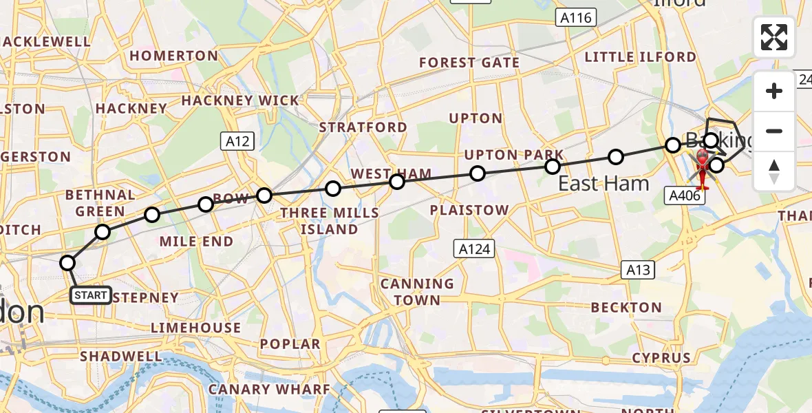 Flight route Air Ambulance Helicopter Royal London Hospital - Thames View, 19 September 2026, 10:01