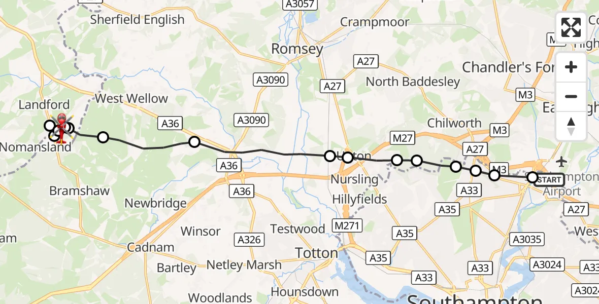 Flight route Air Ambulance Helicopter Southampton Airport - Nomansland, 19 September 2026, 10:23