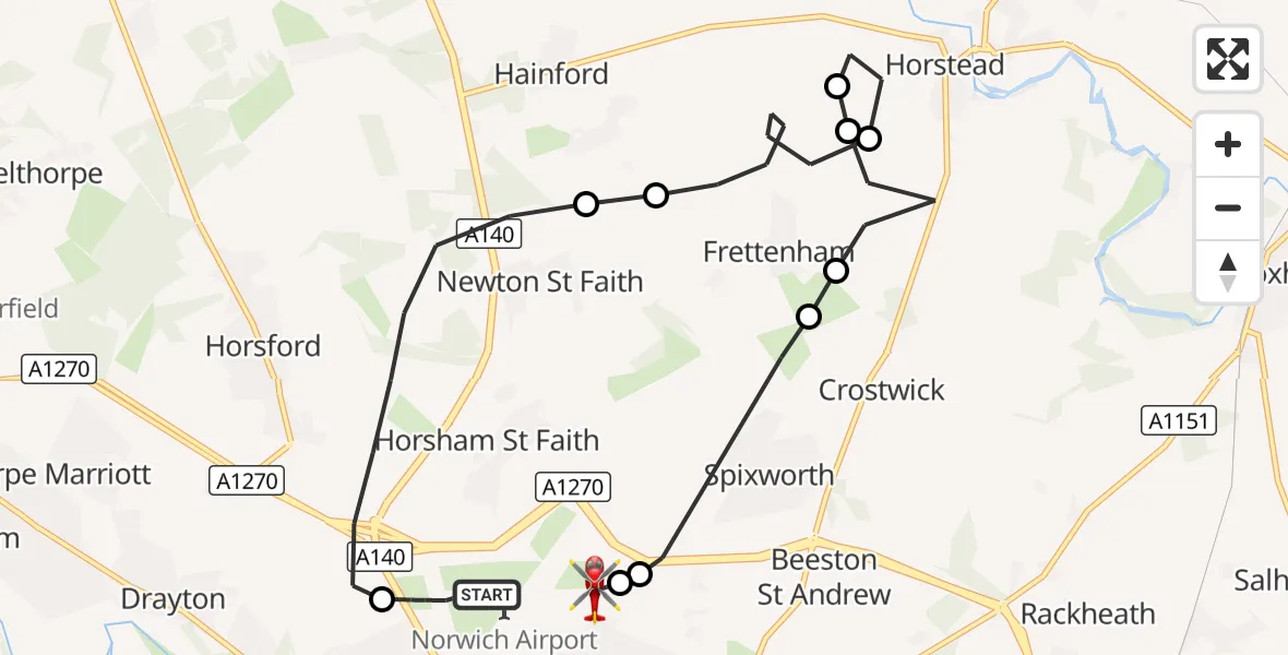 Flight route Air Ambulance Helicopter Norwich Airport - Norwich Airport, 19 September 2026, 10:26