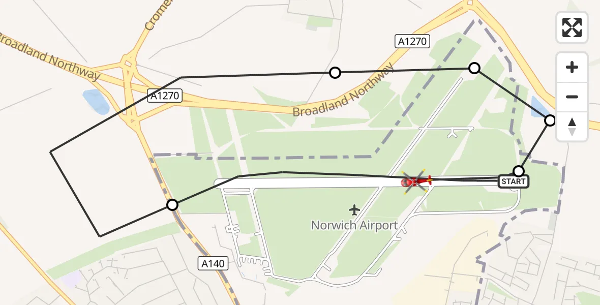 Flight route Air Ambulance Helicopter Norwich Airport - Norwich Airport, 19 September 2026, 10:47