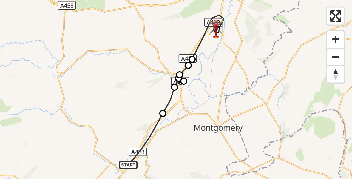 Flight route Air Ambulance Helicopter Abermule - Welshpool Airport, 19 September 2026, 10:48