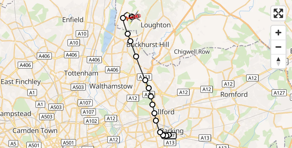 Flight route Air Ambulance Helicopter Barking and Dagenham - Metropolitan Police Air Support Unit Lippitts Hill, 19 September 2026, 10:54