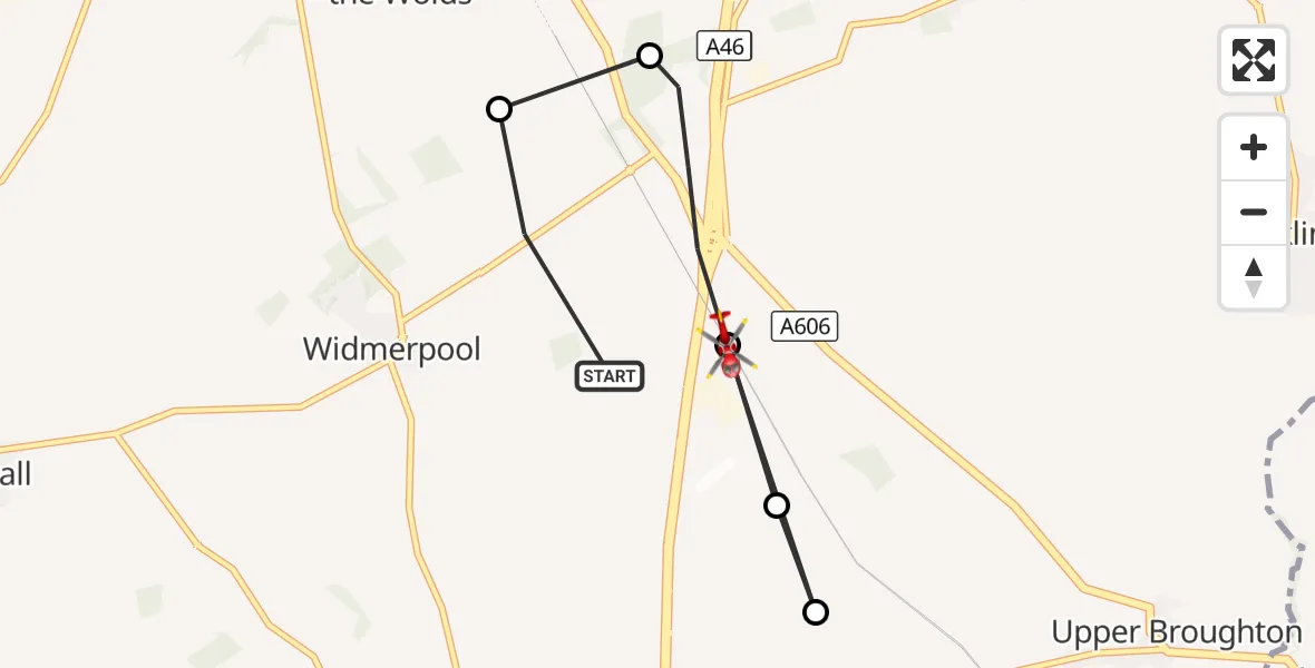 Flight route Air Ambulance Helicopter Widmerpool - Hickling, 19 September 2026, 10:56