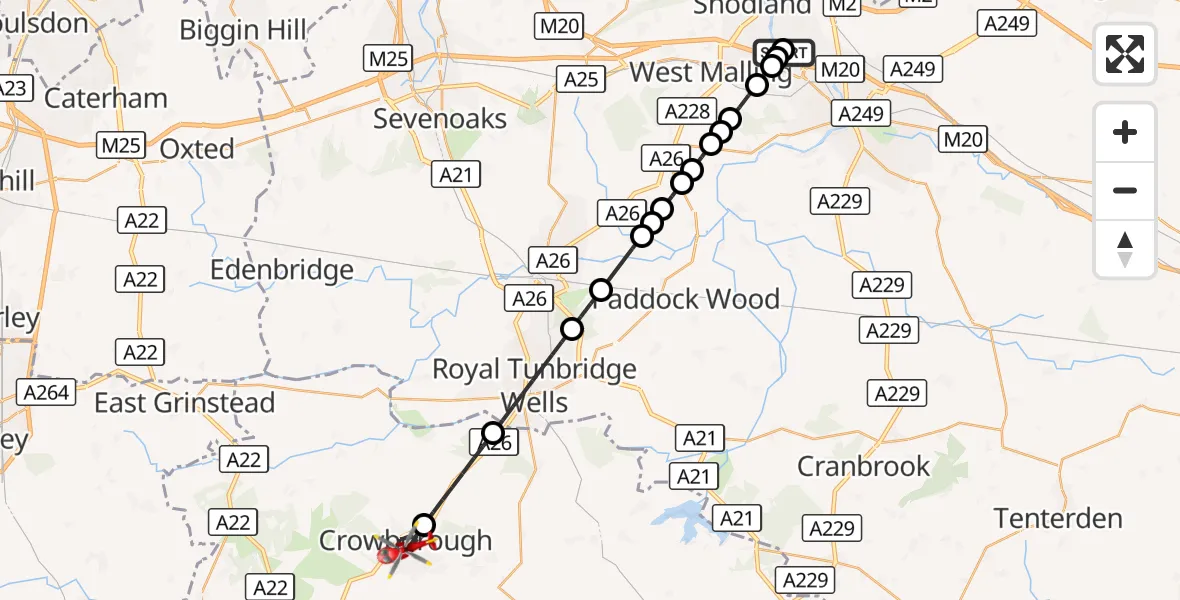 Flight route Air Ambulance Helicopter Aylesford - Crowborough, 19 September 2026, 11:05
