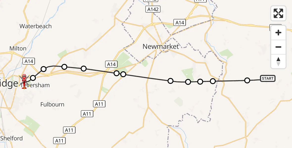 Flight route Air Ambulance Helicopter Hargrave - Cambridge City Airport, 19 September 2026, 11:08