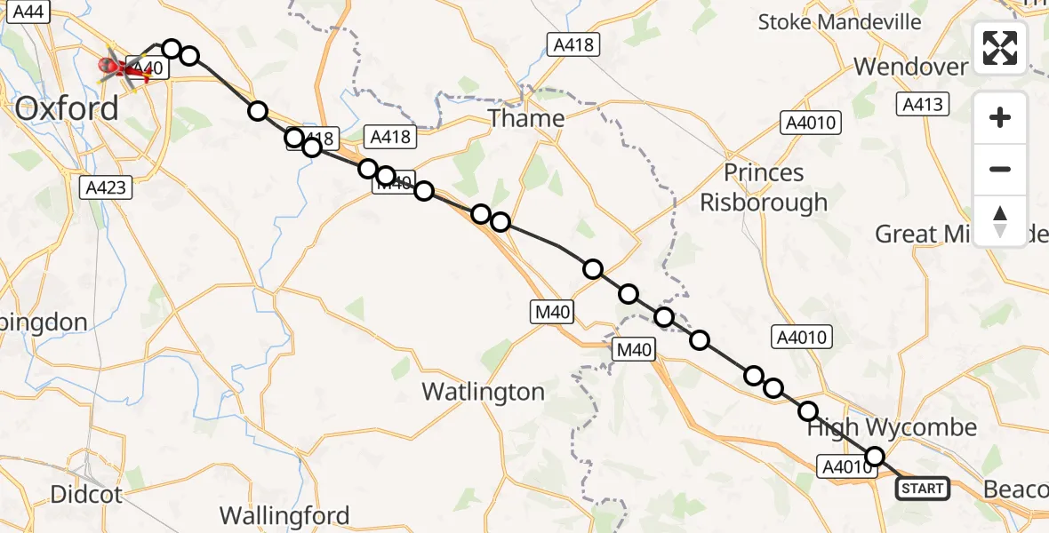 Flight route Air Ambulance Helicopter Little Marlow - Oxford, 19 September 2026, 11:16