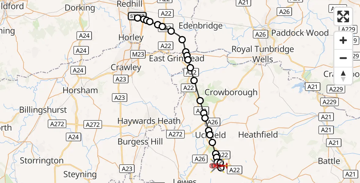 Flight route Air Ambulance Helicopter Redhill Aerodrome - Lewes, 19 September 2026, 11:32